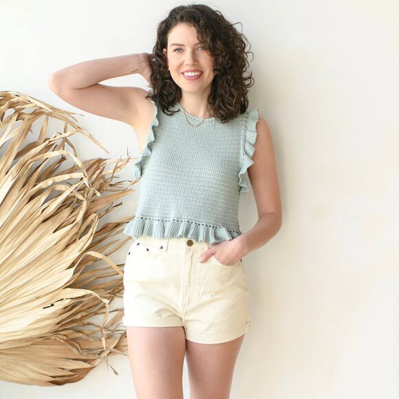 Mable Crochet Knit Ruffle Keyhole Boho Cropped Top in Mint - Picture 2 of 10